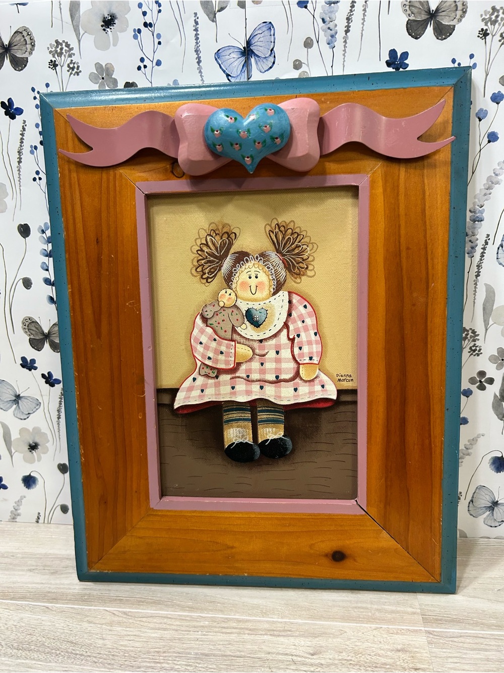 Vintage Dianna Marcum Rag Doll Folk Art Framed Canvas